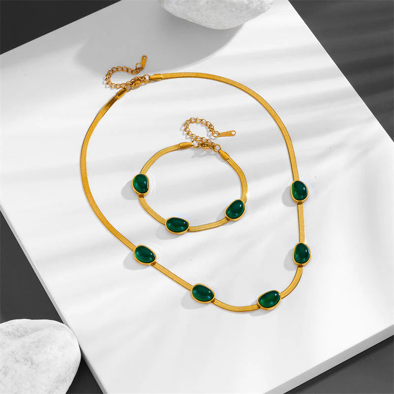 Oval Green Crystal Pendant Necklace Set With Bracelet
